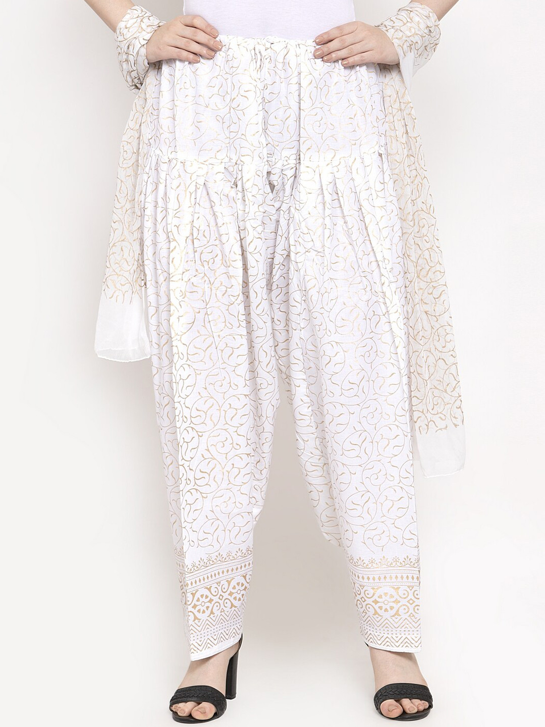 Clora Creation Women White & Gold-Coloured Printed Loose-Fit Salwar & Dupatta