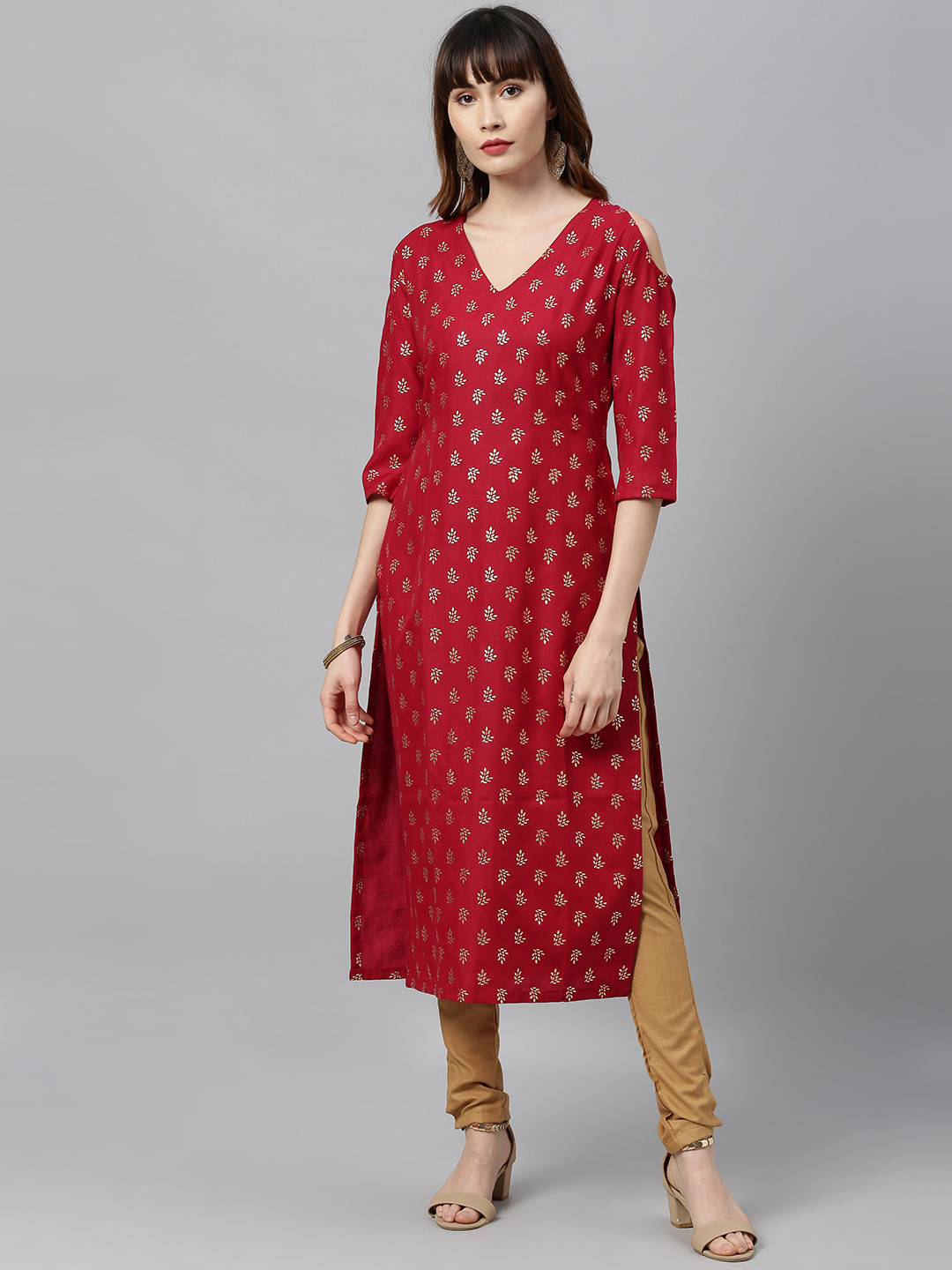 Ethnovog Women Maroon  Beige Printed Made To Measure Kurta with Trousers