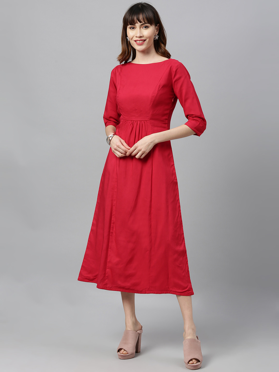 Ethnovog Women Magenta Solid Made To Measure A-Line Dress with Gtahers