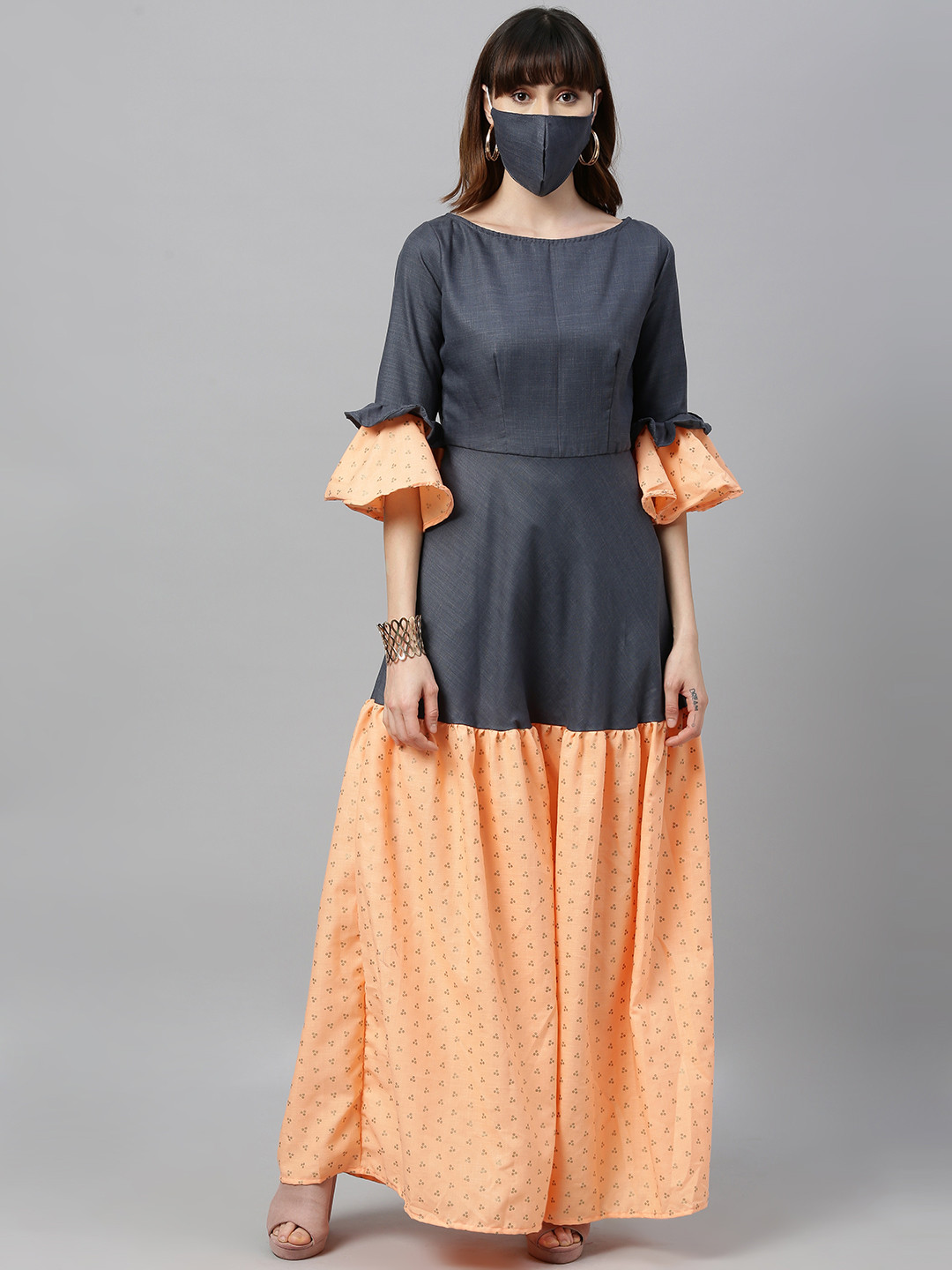 Ethnovog Women Grey Colourblocked Fit and Flare Dress
