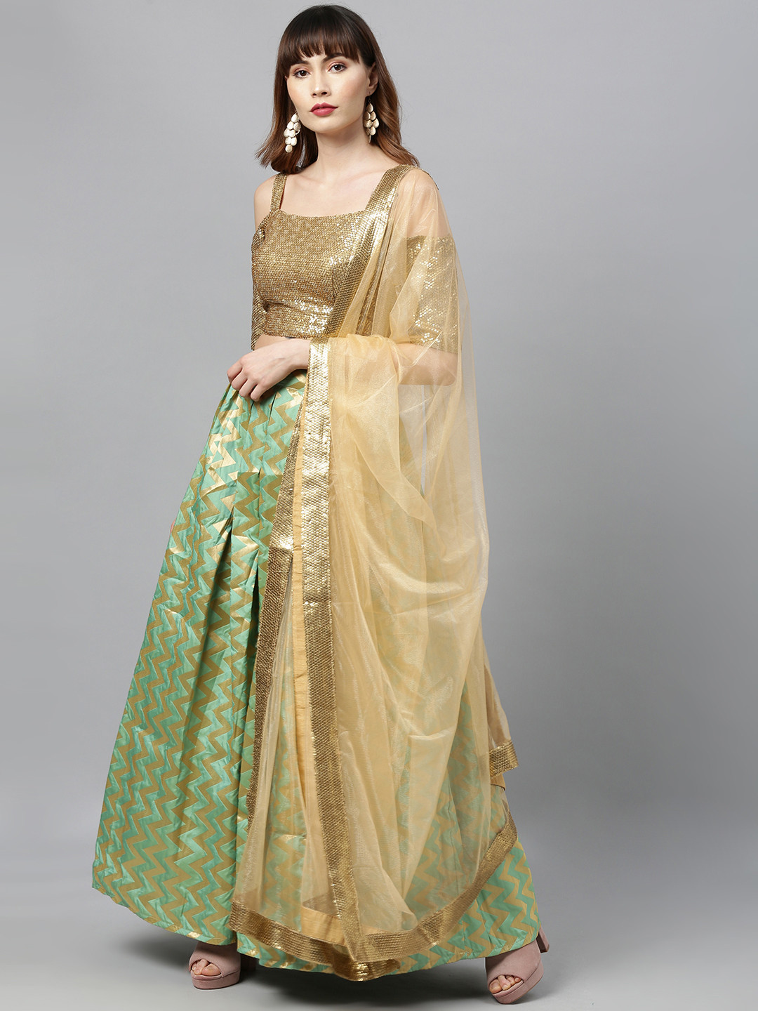 Ethnovog Gold-Toned  Green Embellished Made to Measure Lehenga  Blouse with Dupatta