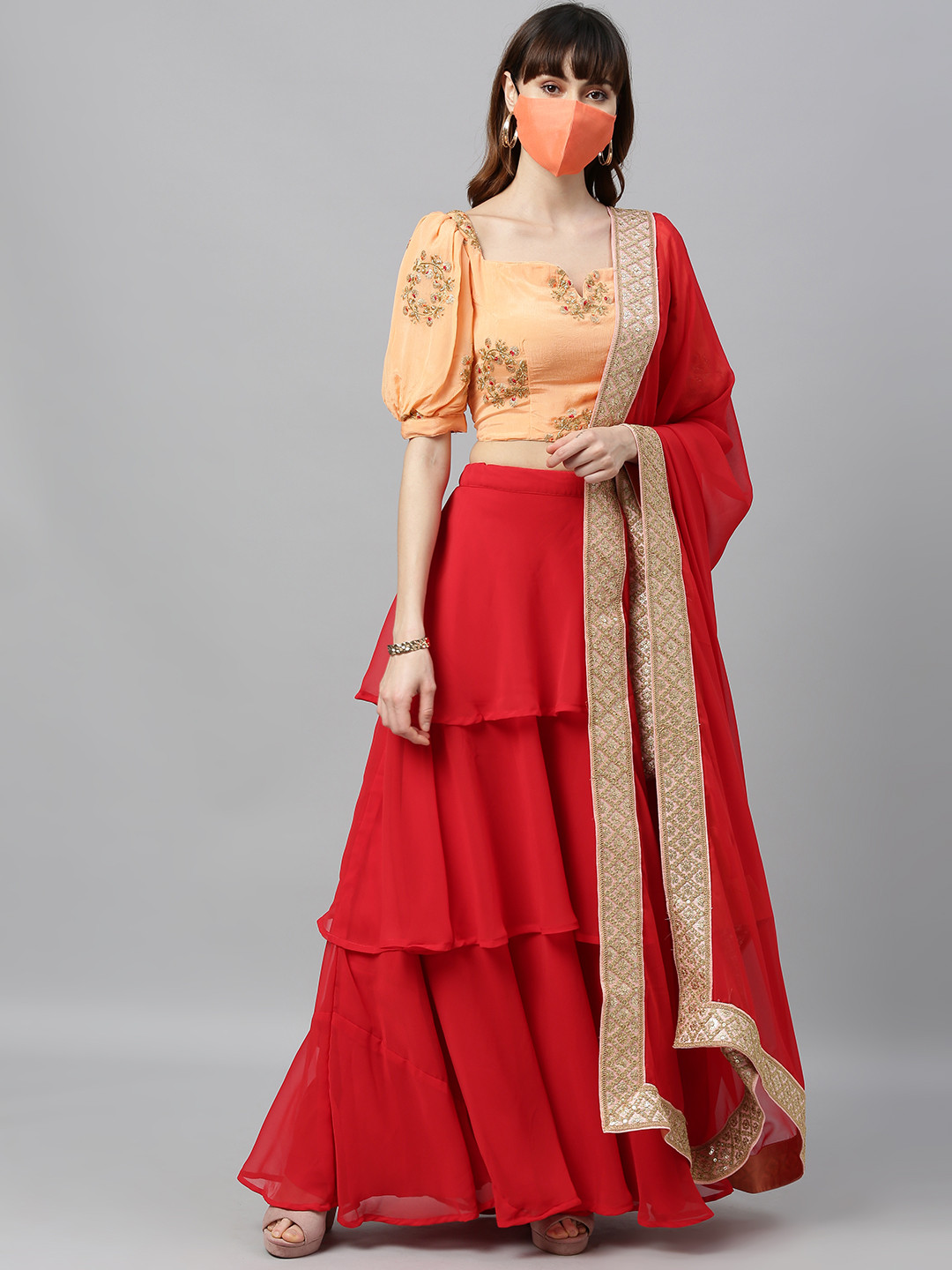Ethnovog Peach-Coloured  Maroon Embroidered Made to Measure Lehenga  Blouse with Dupatta