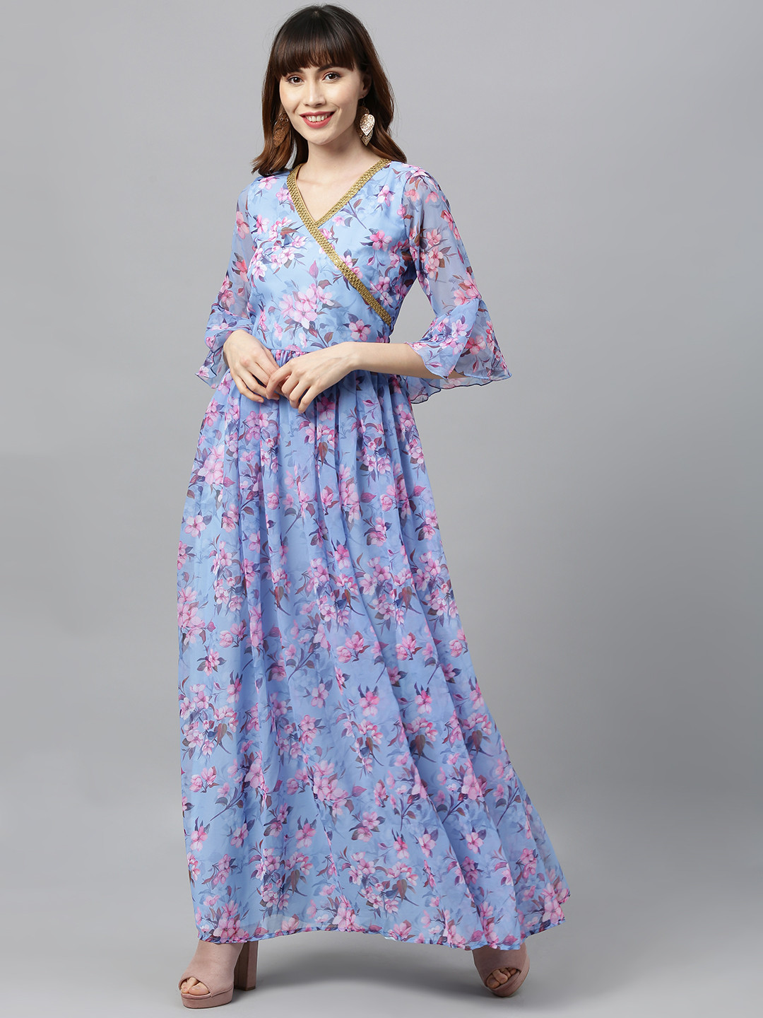 Ethnovog Women Blue  Pink Printed Made To Measure Maxi Dress with Embellishment