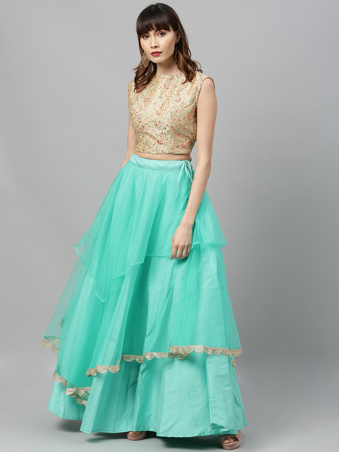 Ethnovog Beige  Turquoise Blue Embroidered Made to Measure Lehenga with Blouse