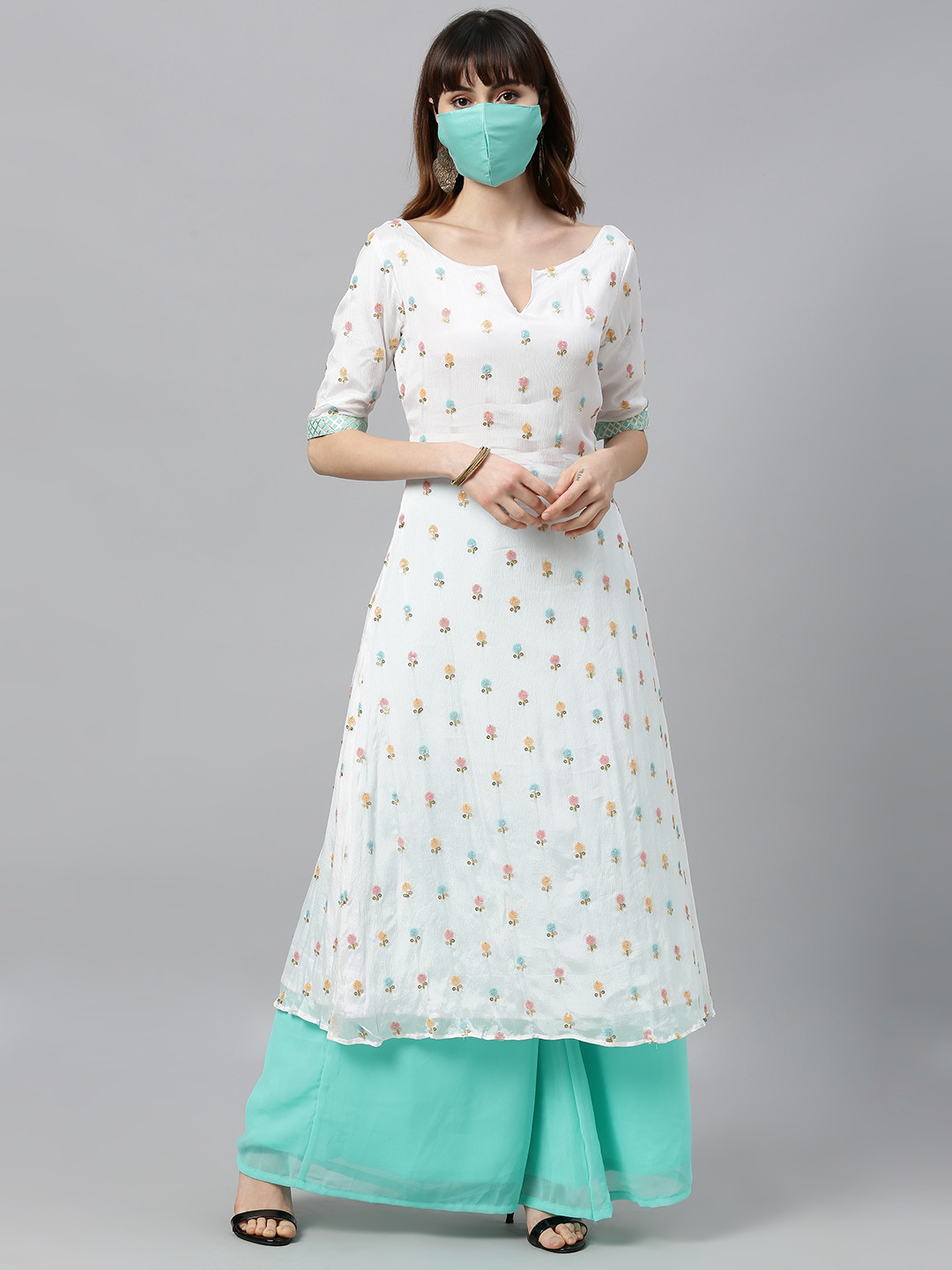 Ethnovog Women White  Turquoise Blue Embroidered Made To Measure Kurta Set