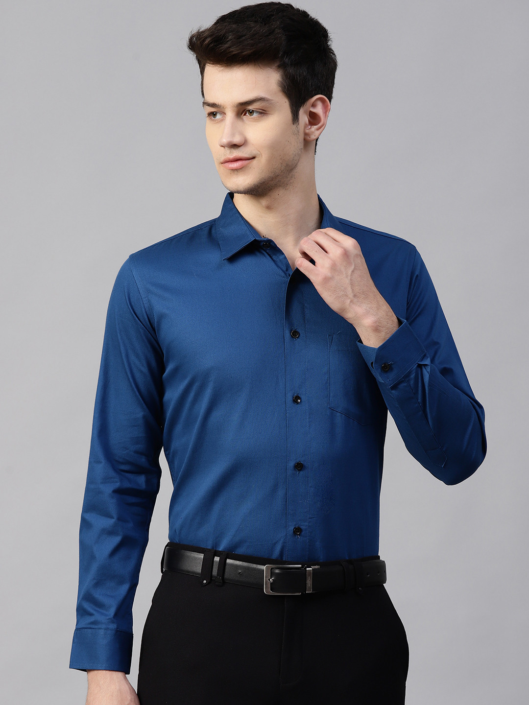 DENNISON Men Teal Blue Smart Slim Fit Solid Twill Weave Formal Shirt