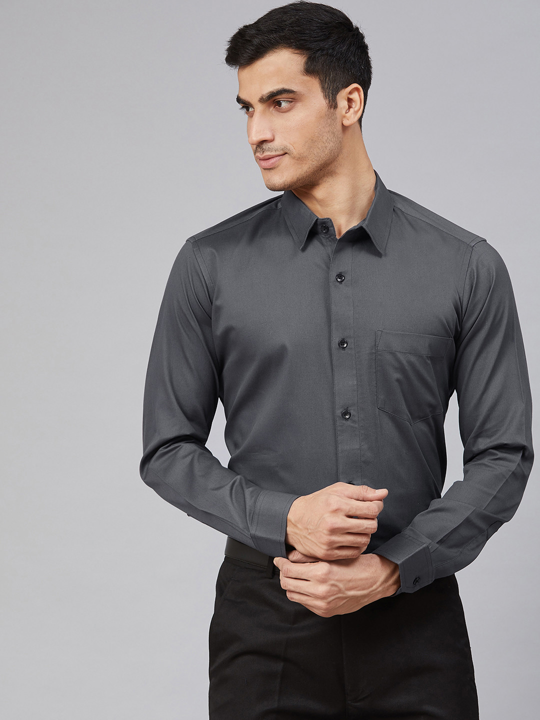 DENNISON Men Charcoal Grey Smart Slim Fit Solid Formal Shirt
