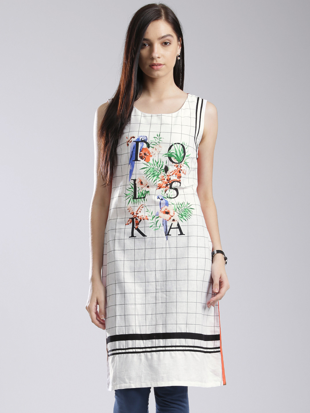 W White & Orange Checked A-Line Kurta