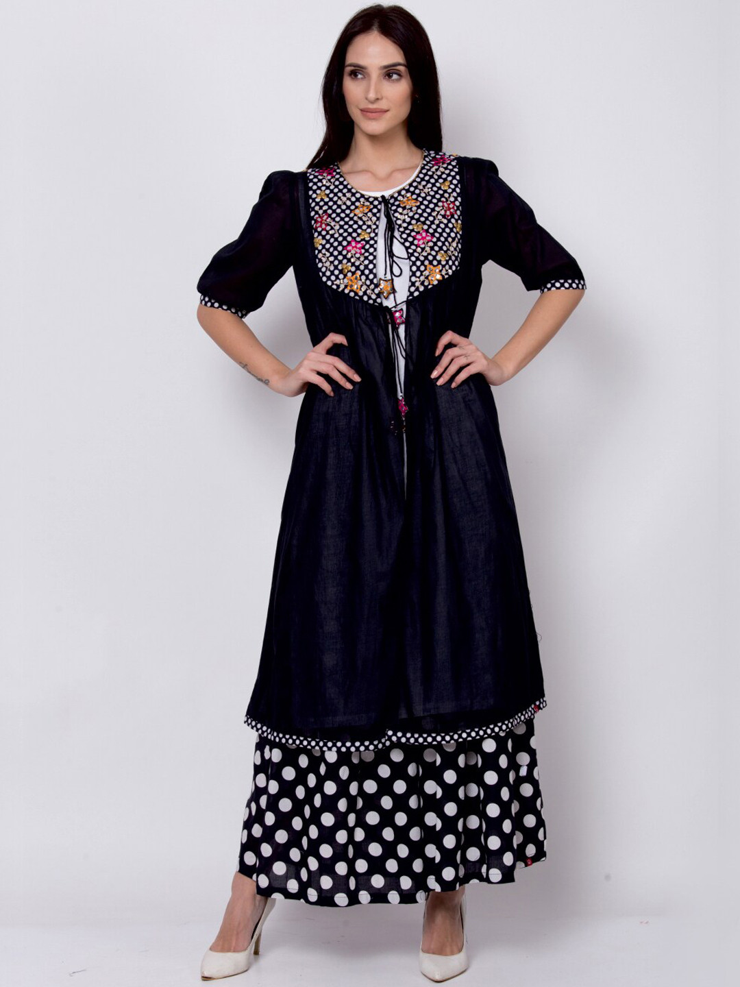 Biba Women Black & White Embroidered A-Line Kurta With Jacket