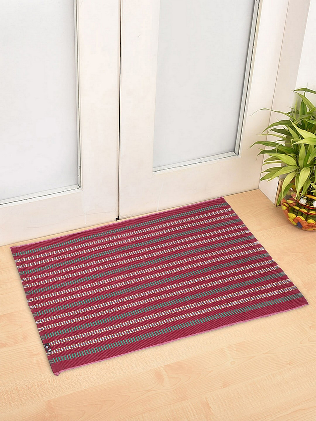 KLOTTHE Maroon & Green Striped Anti-Skid Dhurrie Door Mat