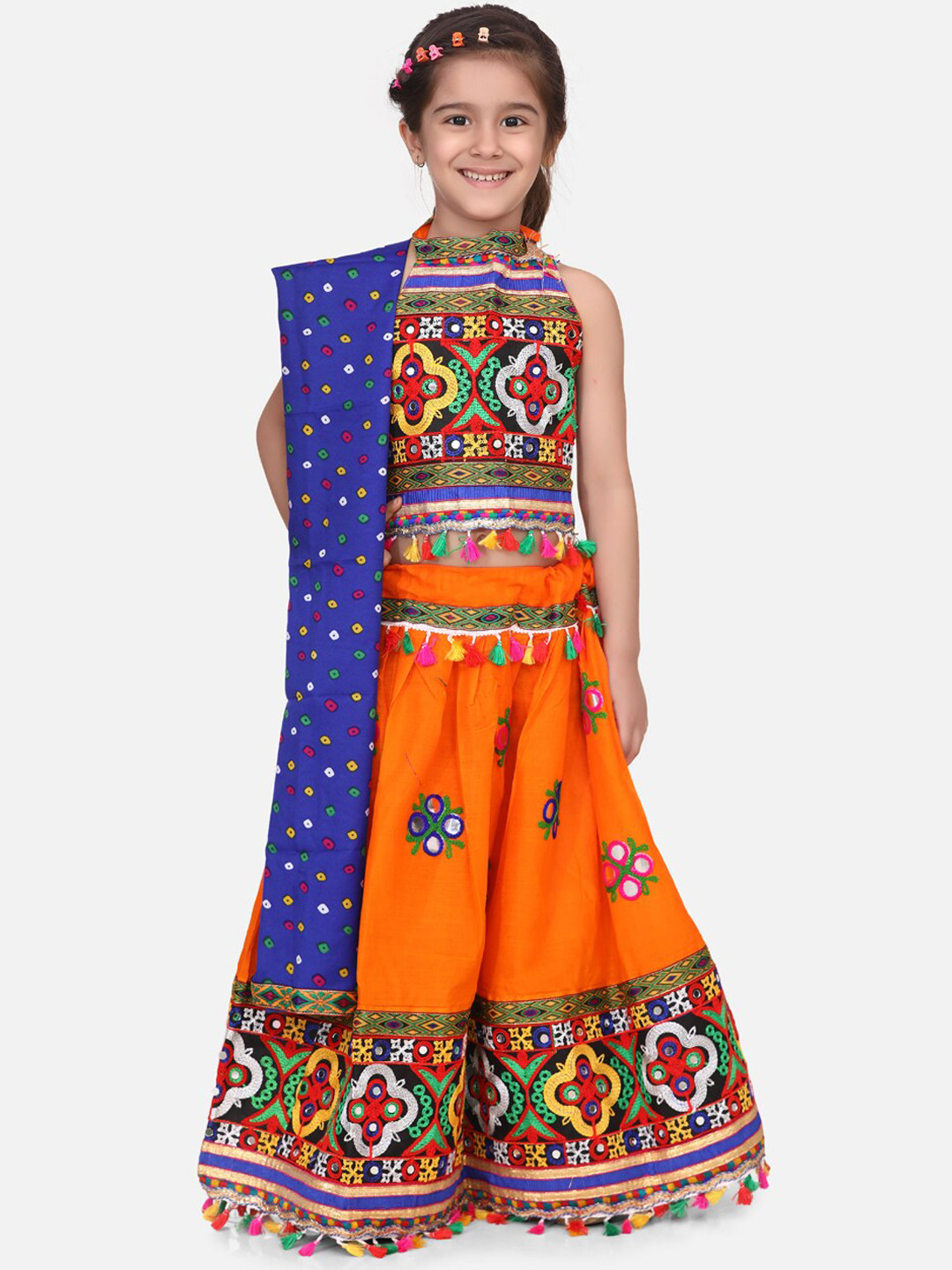 BownBee Girls Orange & Blue Embroidered Ready to Wear Lehenga & Blouse with Dupatta
