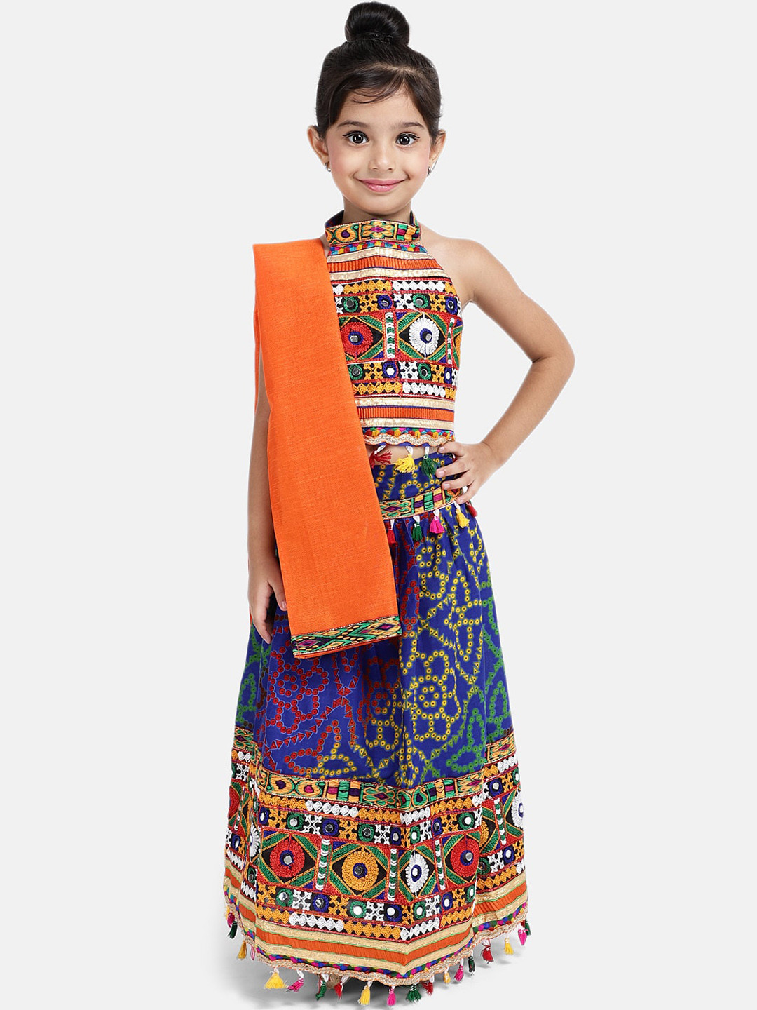 BownBee Girls Blue & Orange Embroidered Ready to Wear Lehenga & Blouse with Dupatta