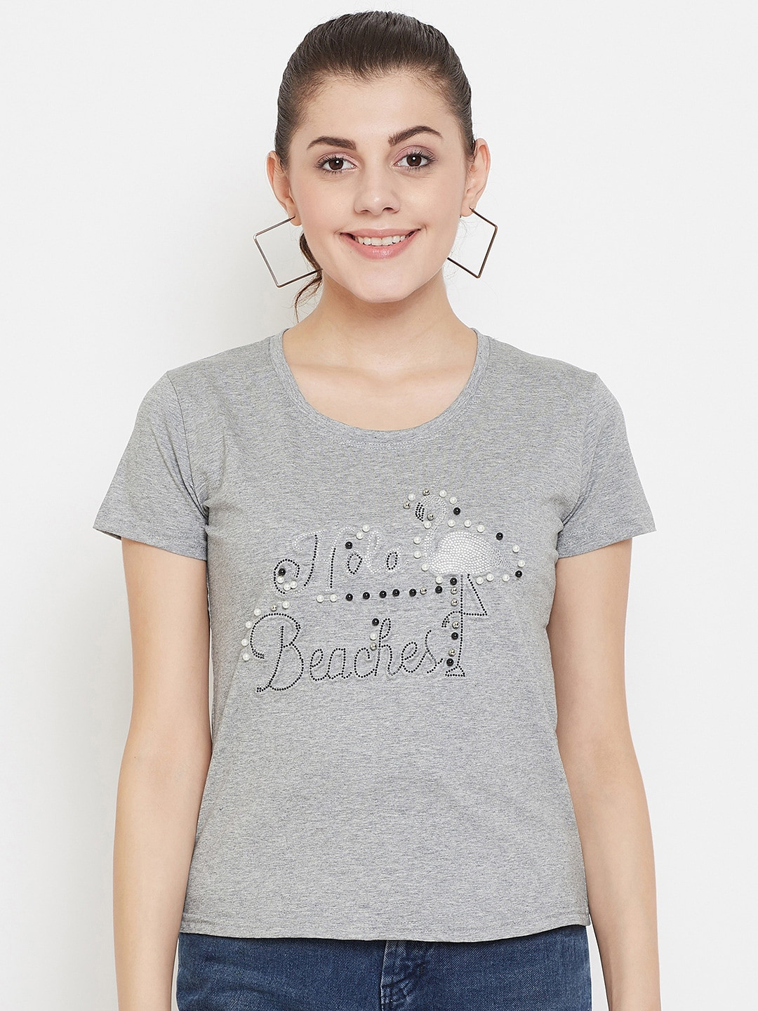 Camey Women Grey Self Design Round Neck T-shirt with Embellishments