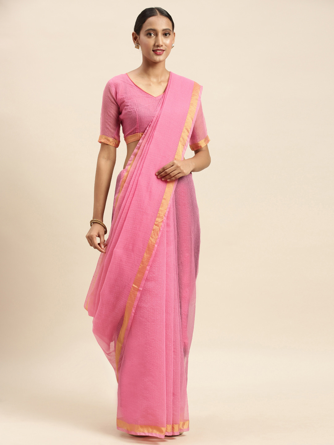 Silk Bazar Pink Silk Blend Solid Kota Saree