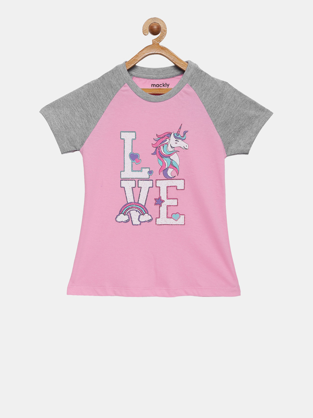 mackly Girls Pink & Grey Melange Printed Lounge T-shirt