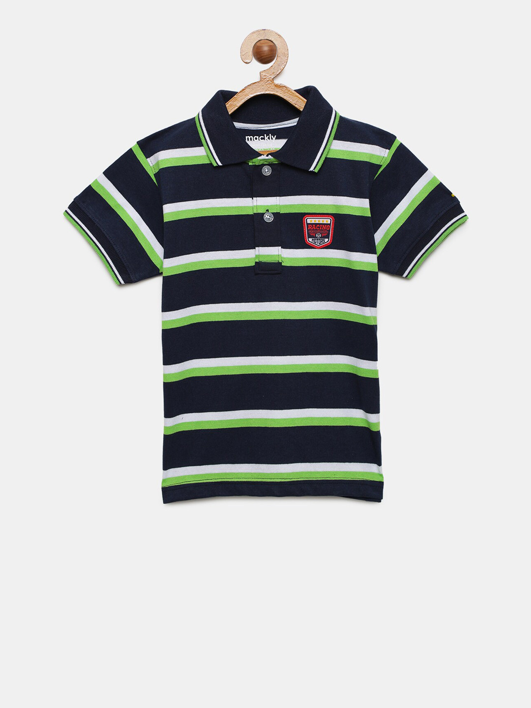 mackly Boys Navy Blue & Green Striped Polo Lounge T-shirt