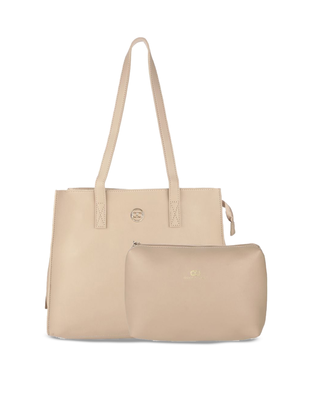 GIO COLLECTION Beige Pack of 2 Solid Tote Bag   Pouch