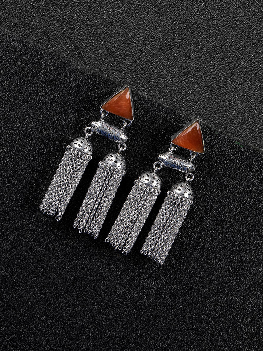 Priyaasi Coral Orange Oxidised Silver-Plated German Silver Dome Shaped Drop Earrings