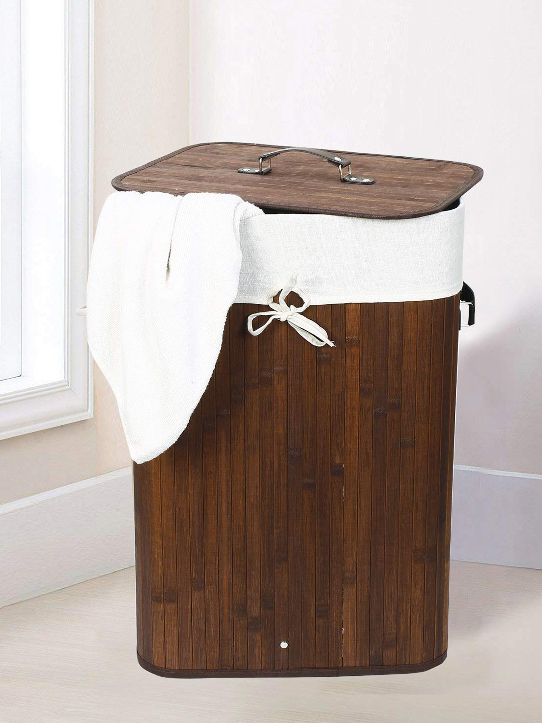 HomeStorie Brown & White Eco-Friendly Foldable Bamboo Laundry Basket Hamper With Lid
