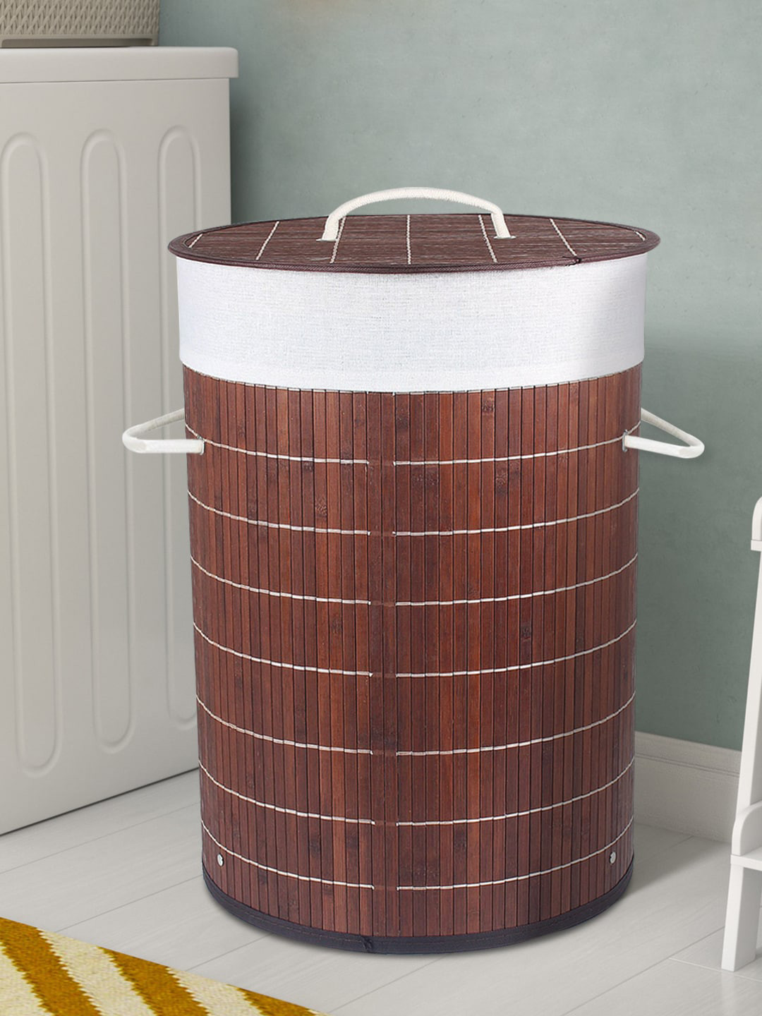 HomeStorie Brown & White Eco-Friendly Foldable Bamboo Laundry Basket Hamper With Lid