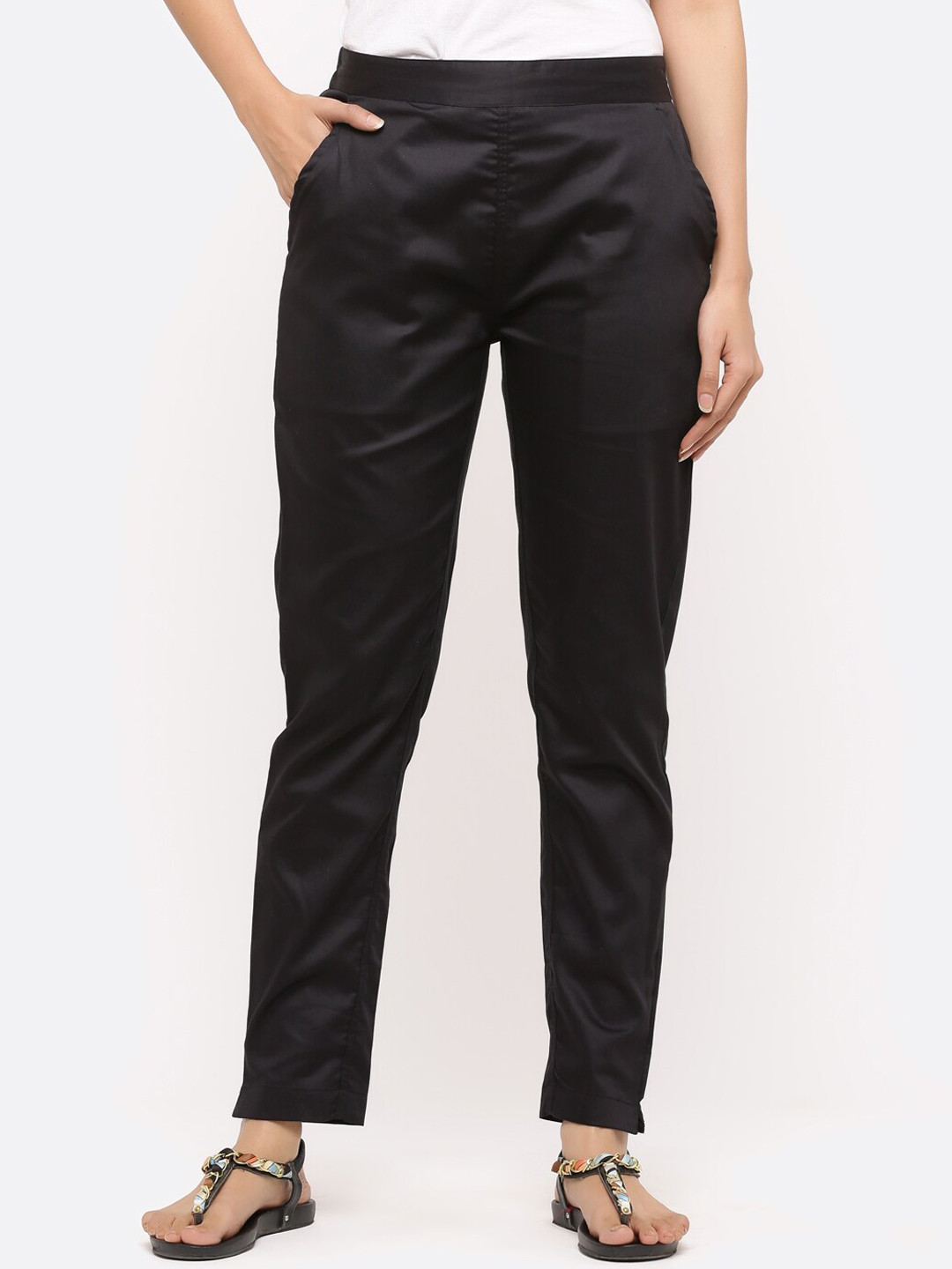 Jaipur Kurti Women Black & Beige Smart Regular Fit Solid Regular Trousers