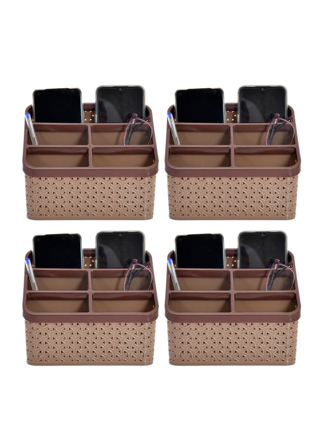 Kuber Industries Set Of 4 Brown Solid Compact Desk Organizer Stationary Boxes