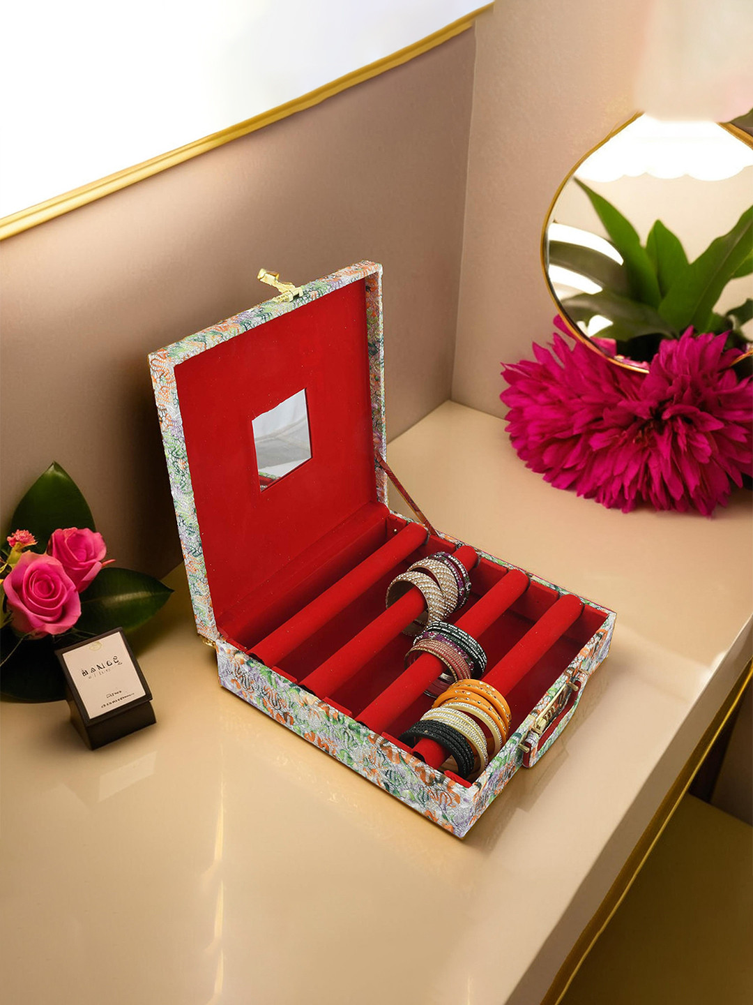 Kuber Industries Green & Orange Floral Embossed Print Four Rod Shining Bangle Storage Box With Lock System