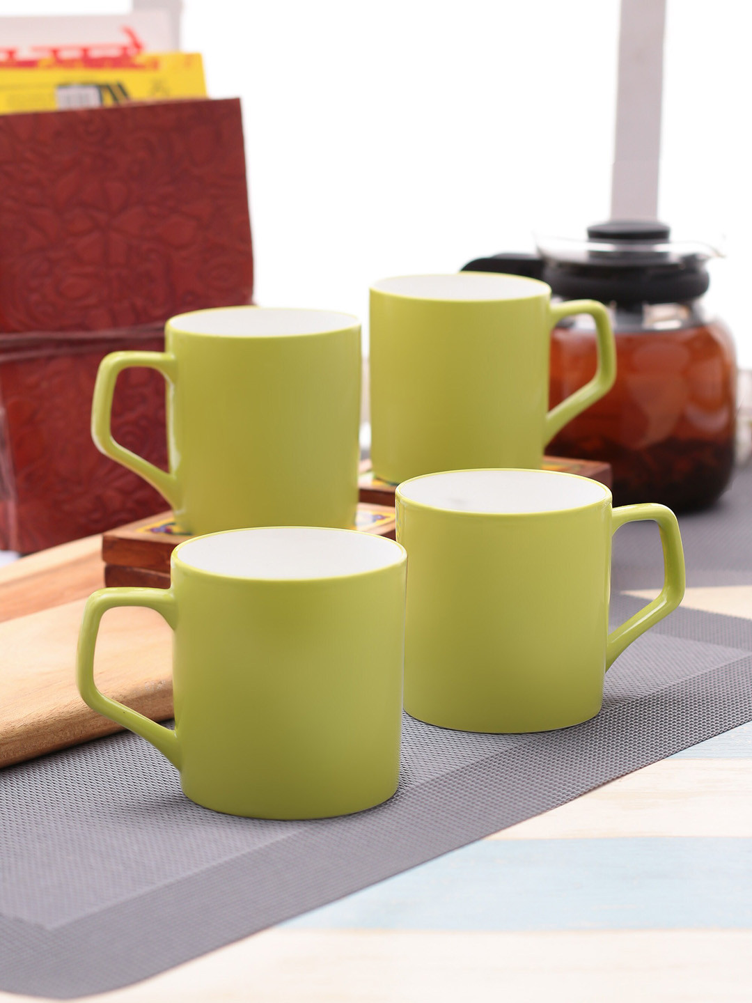CLAY CRAFT Farmhouse Lime Green Ceramic Microwave Safe 4 Piece Mug-230ml