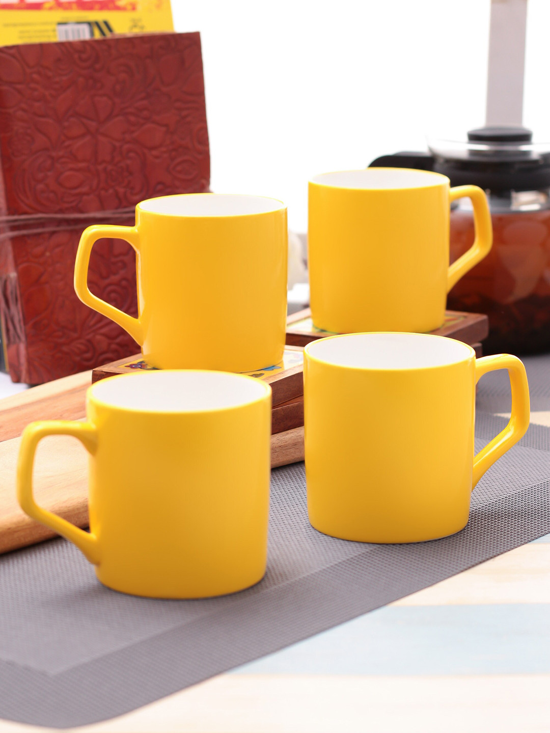 CLAY CRAFT Saanjh Yellow Ceramic Dishwasher Safe 4 Piece Mugs-230ml