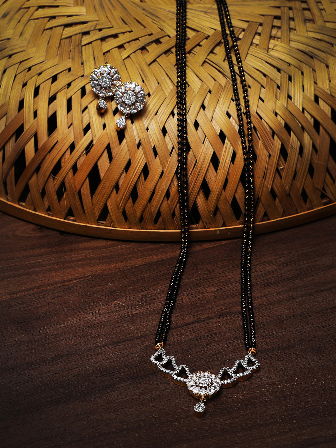 Adwitiya Collection Gold-Plated Black & White AD-Studded & Beaded Mangalsutra with Earrings