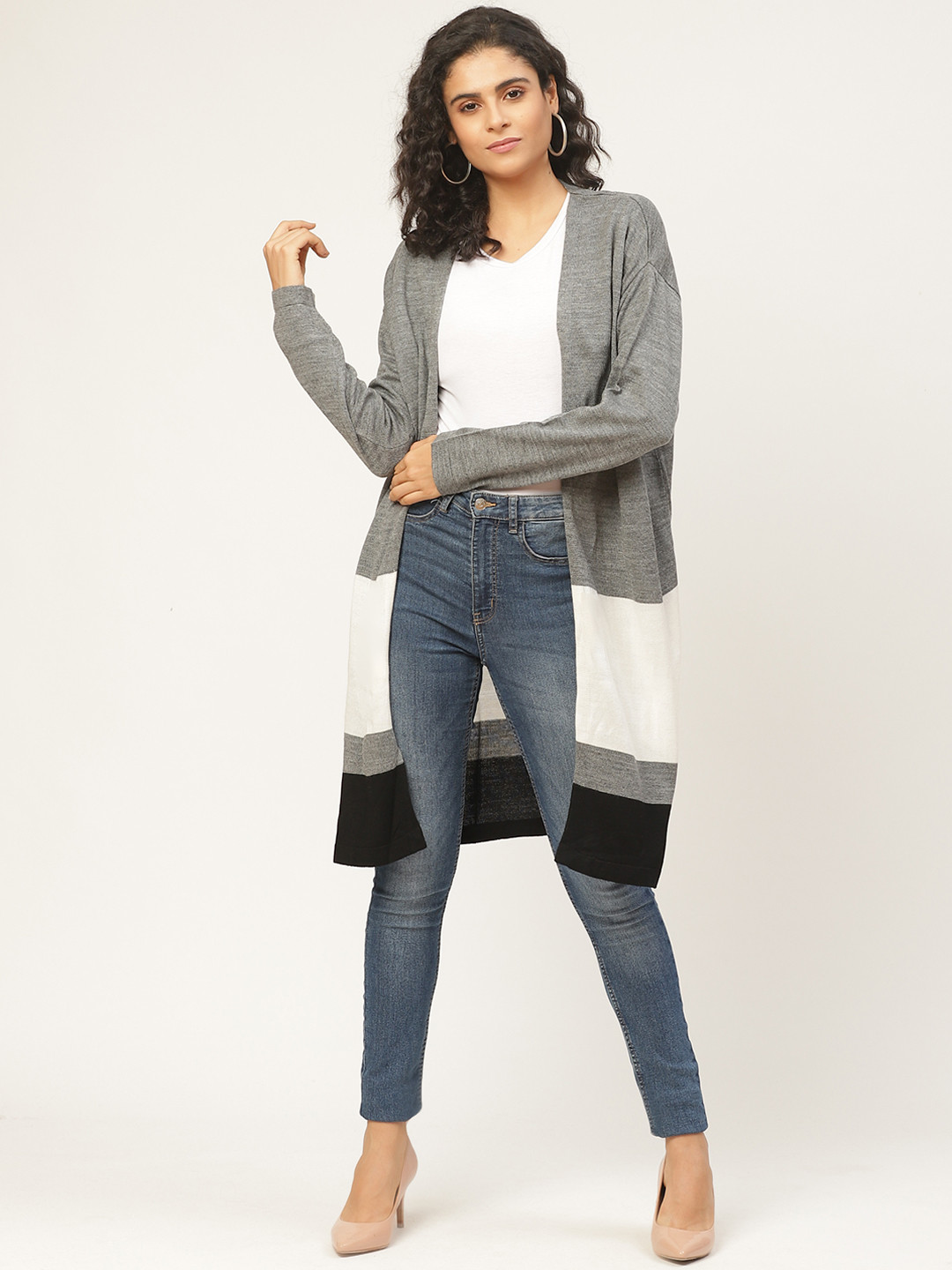 American Eye Women Grey Melange & White Colourblocked Longline Front-Open Sweater