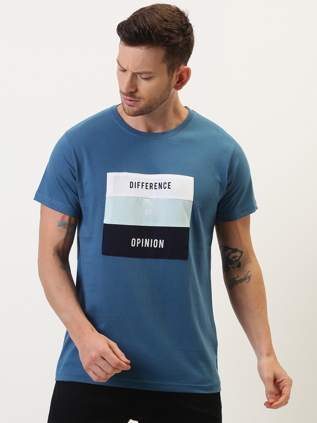 Difference of Opinion Men Blue Printed Round Neck T shirt