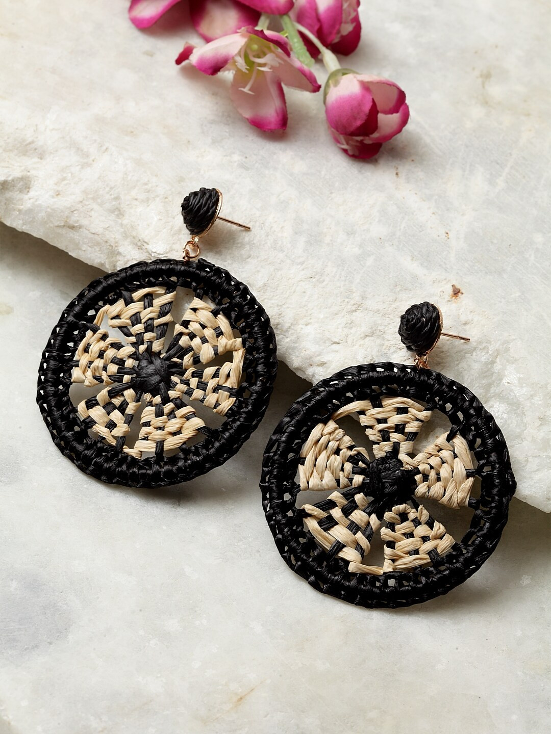 Madame Black & Beige Rose Gold-Plated Handcrafted Circular Drop Earrings