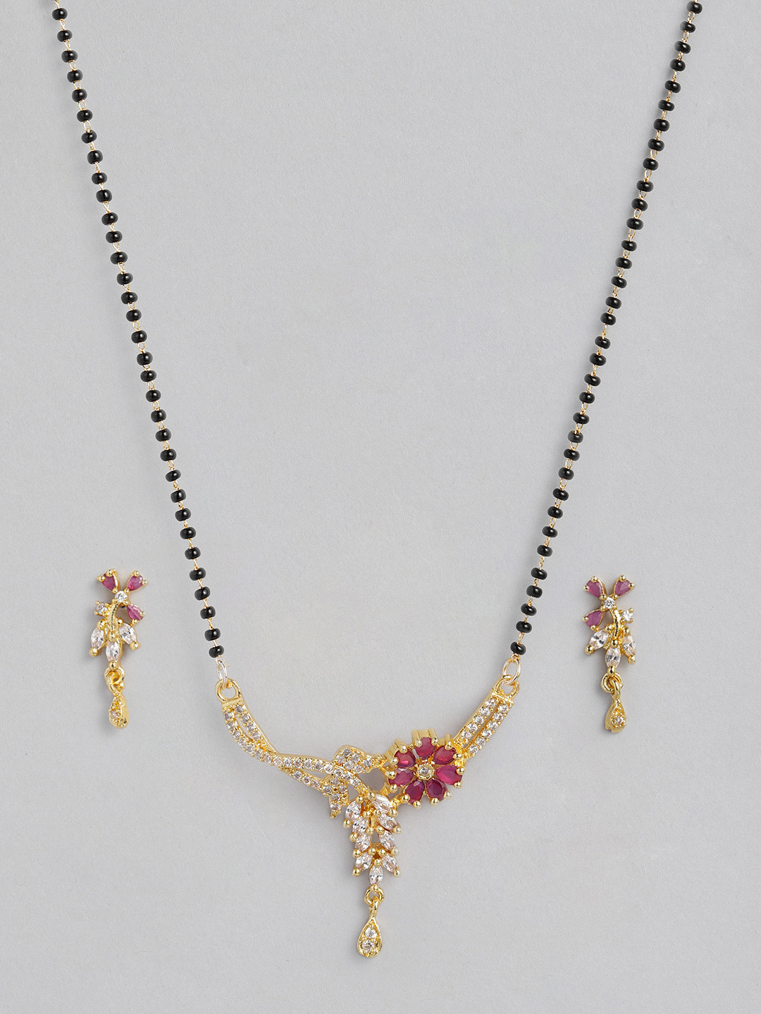 justpeachy Black And Gold-Plated Cubic Zirconia Studded Mangalsutra & Earrings Set