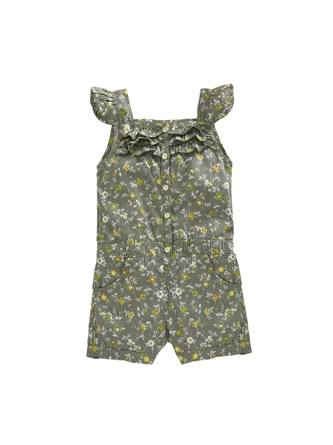 KiddoPanti Girls Green Printed Playsuit