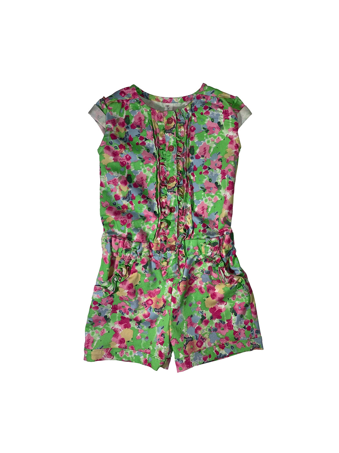 KiddoPanti Girls Green & Red Printed Playsuit