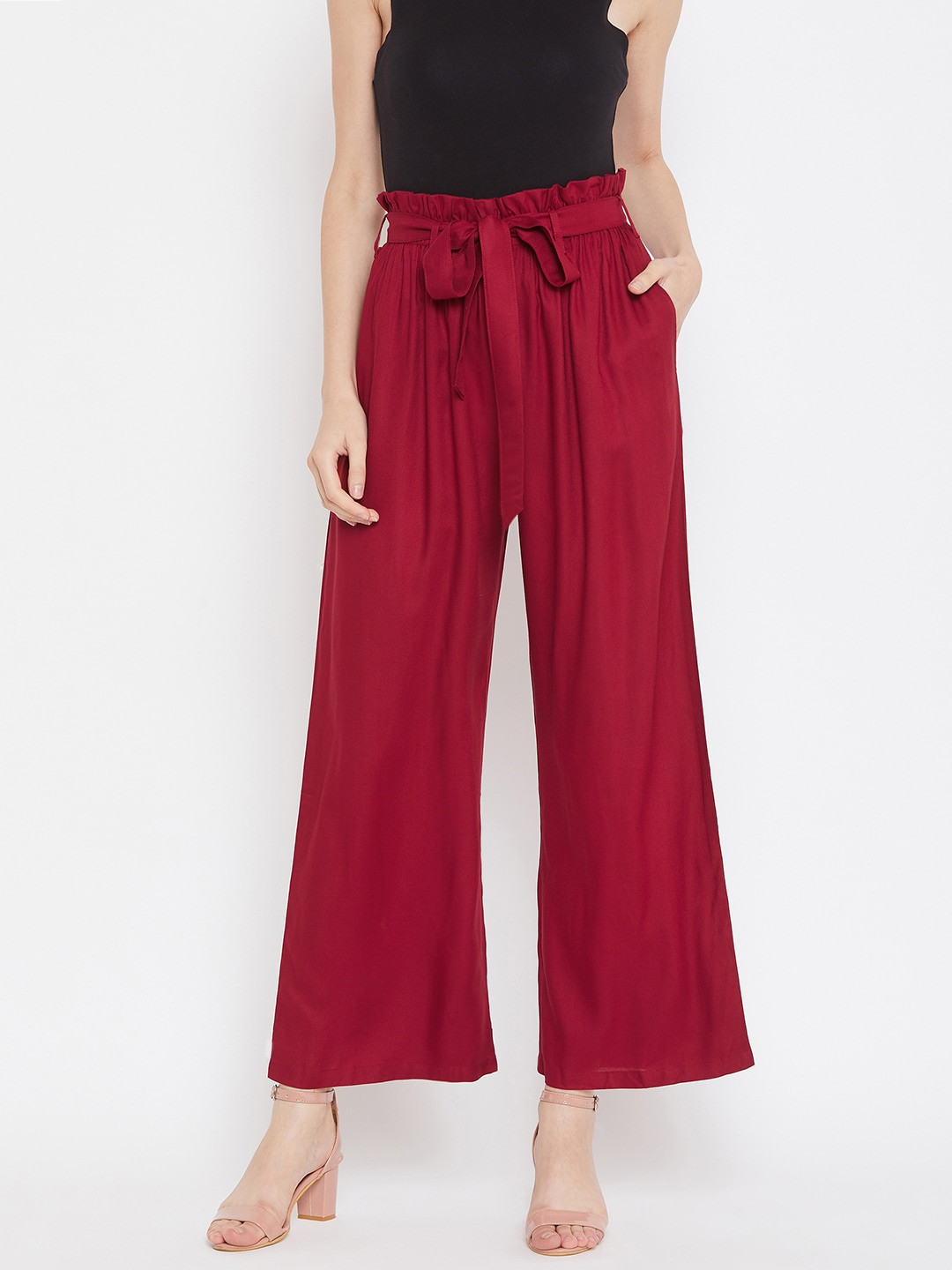Zastraa Women Maroon Solid Parallel Trousers With Belt