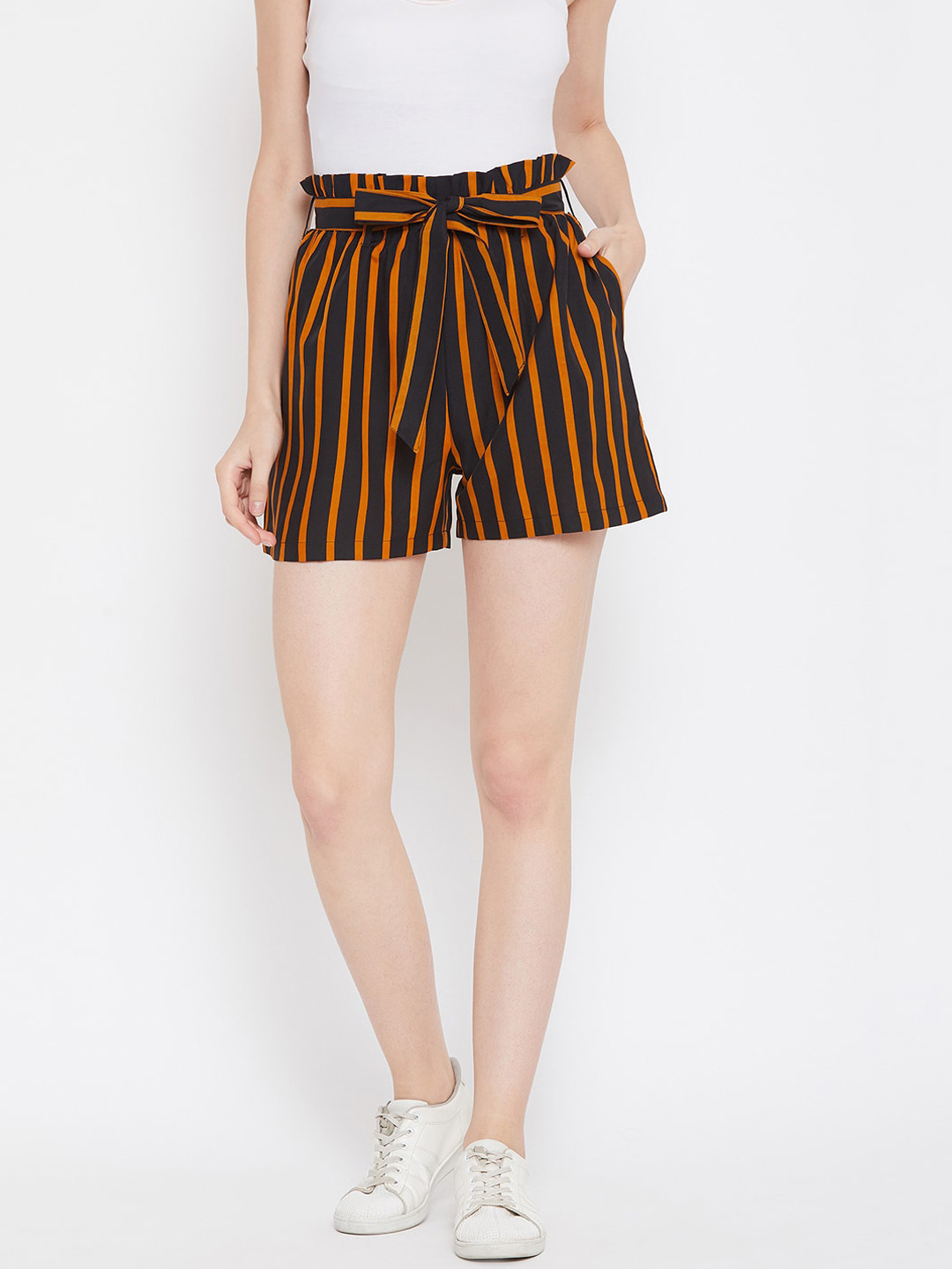 Zastraa Women Black & Rust Orange Striped Regular Fit Shorts with Belt