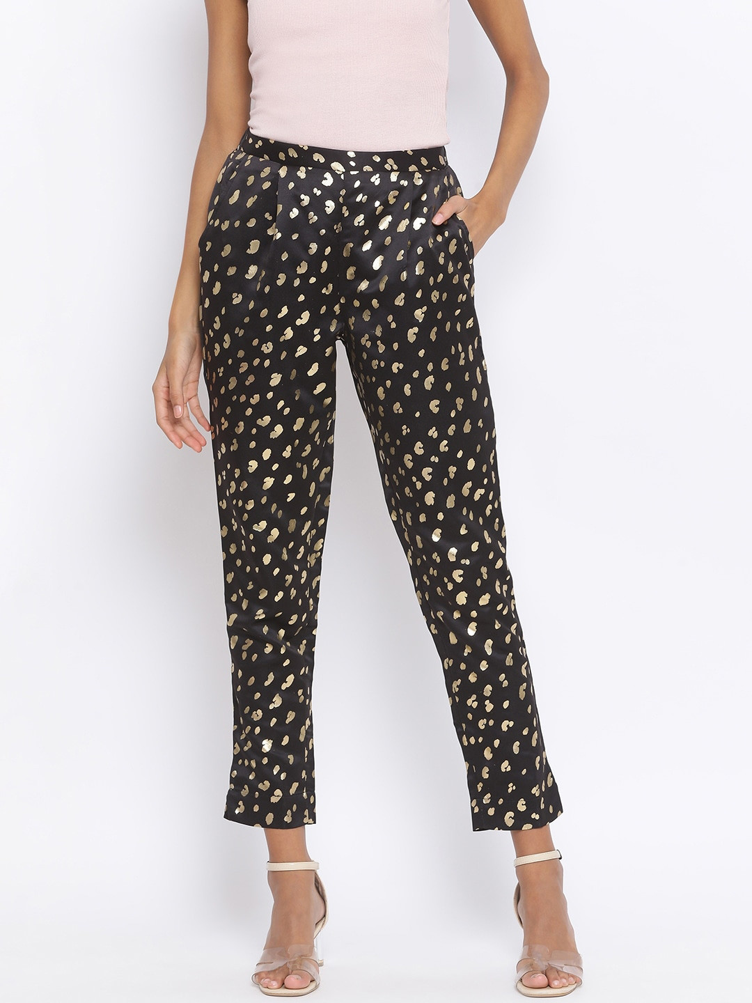 Oxolloxo Women Black & Golden Relaxed Regular Fit Foil Print Trousers