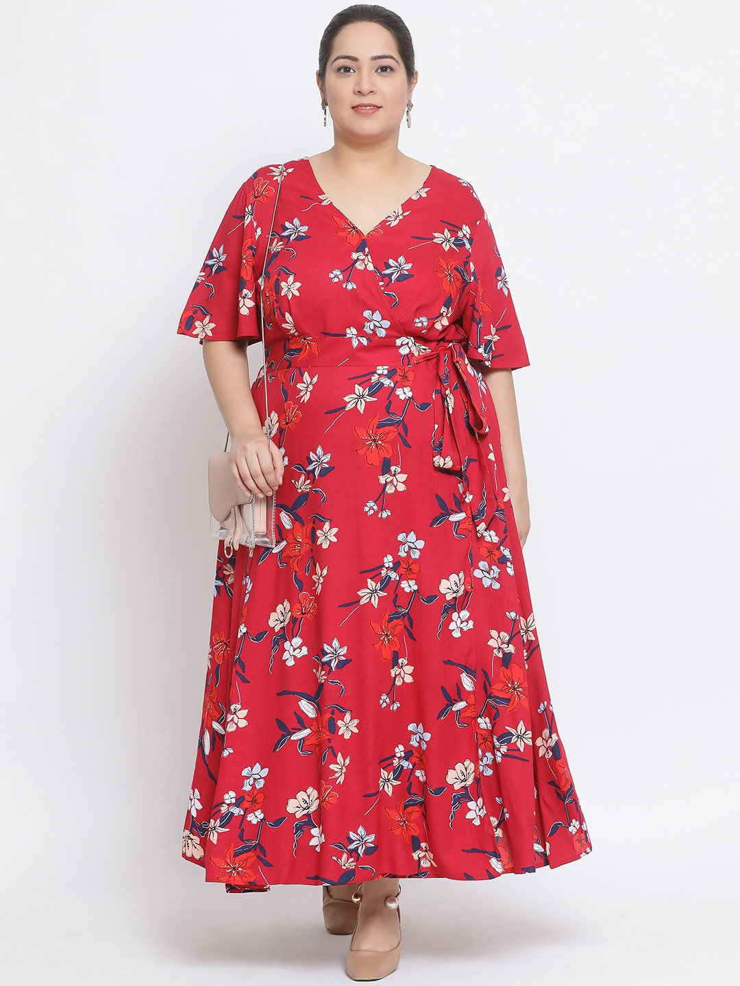 Oxolloxo Women Coral Red & White Floral Print Plus Size Maxi Wrap Dress