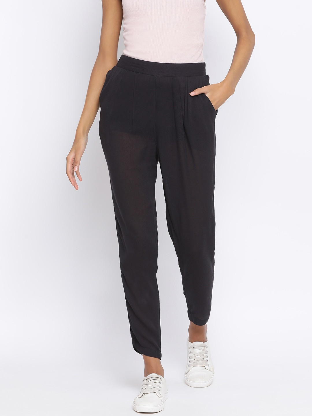 Oxolloxo Women Black Relaxed Regular Fit Semi Sheer Solid Regular Trousers