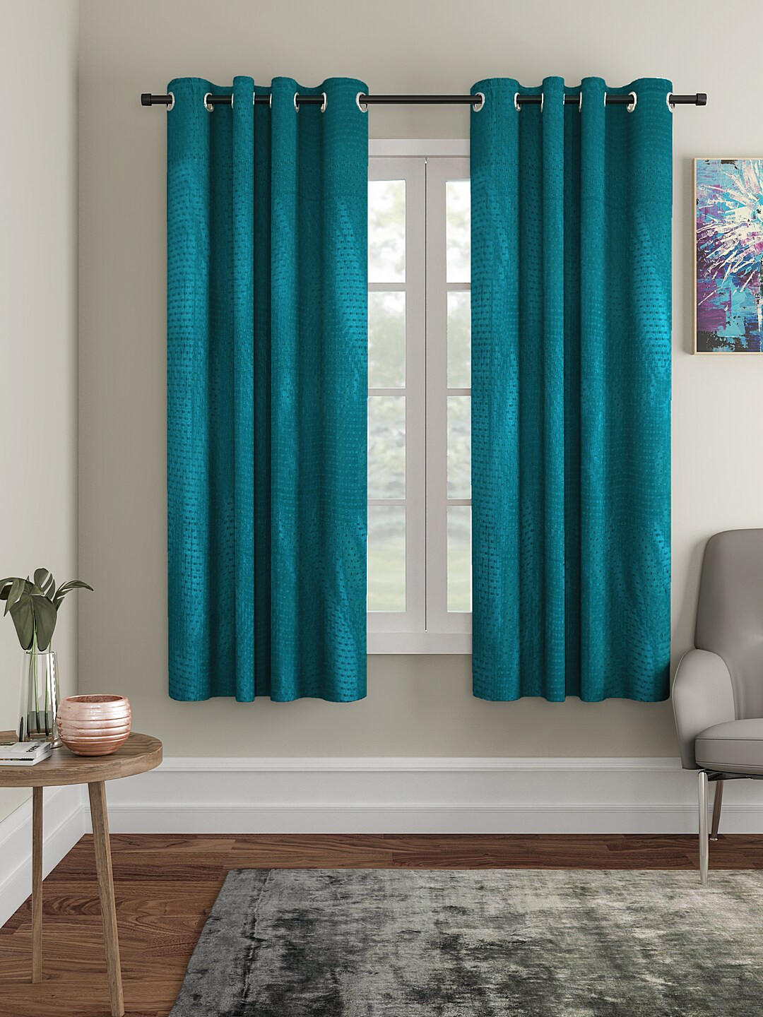 Cortina Teal Green Set of 2 Polka Dots Embossed Plain Polyester Window Curtains