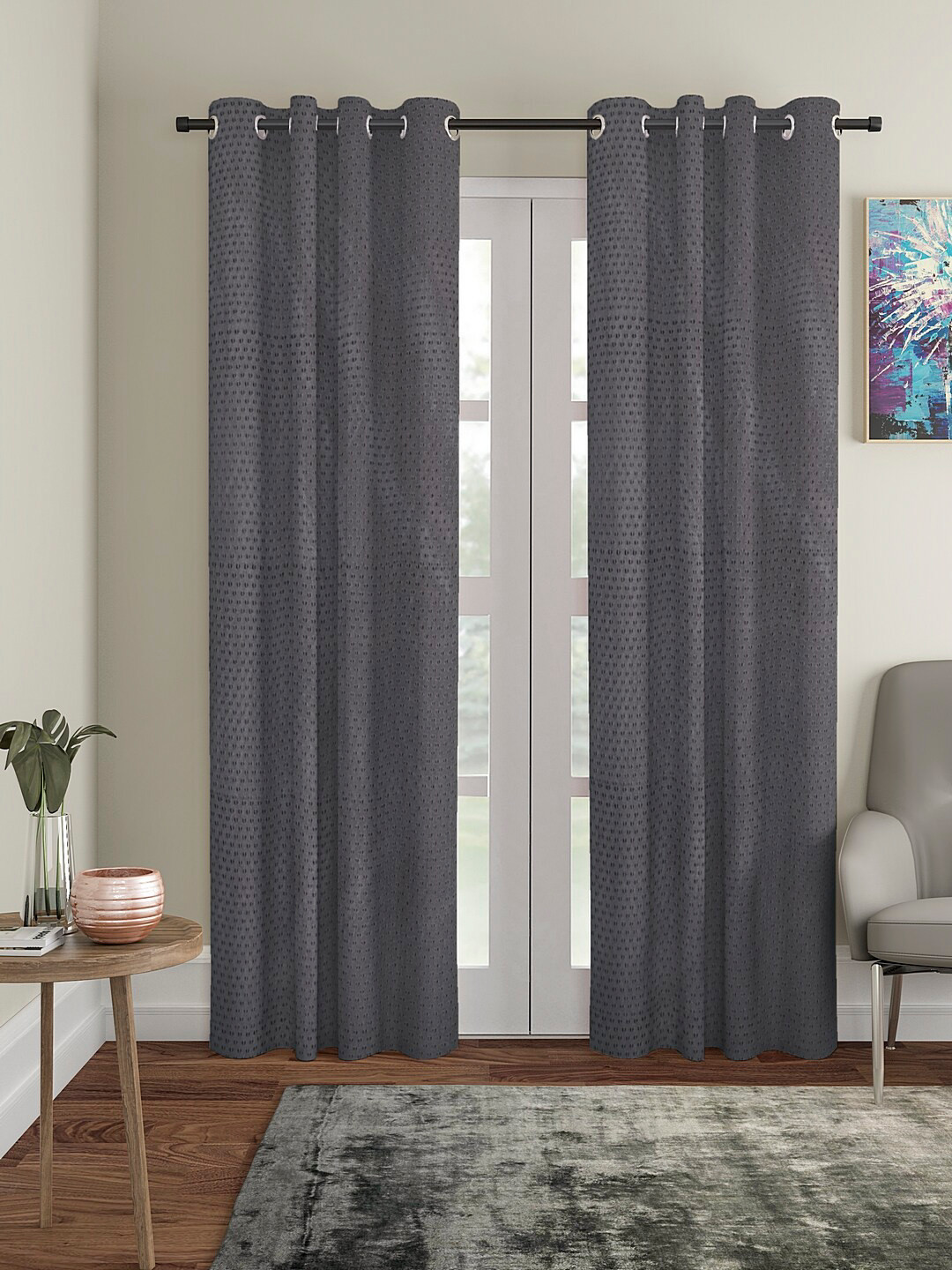 Cortina Grey Set of 2 Polka Dots Embossed Plain Polyester Door Curtains