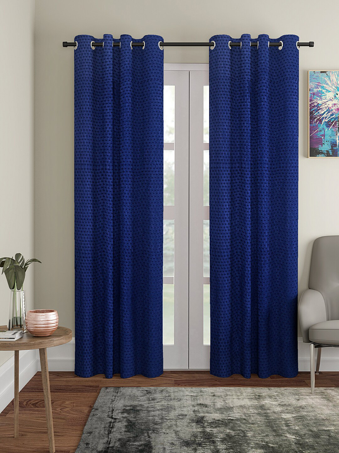 Cortina Navy Blue Set of 2 Polka Dots Embossed Plain Door Curtains