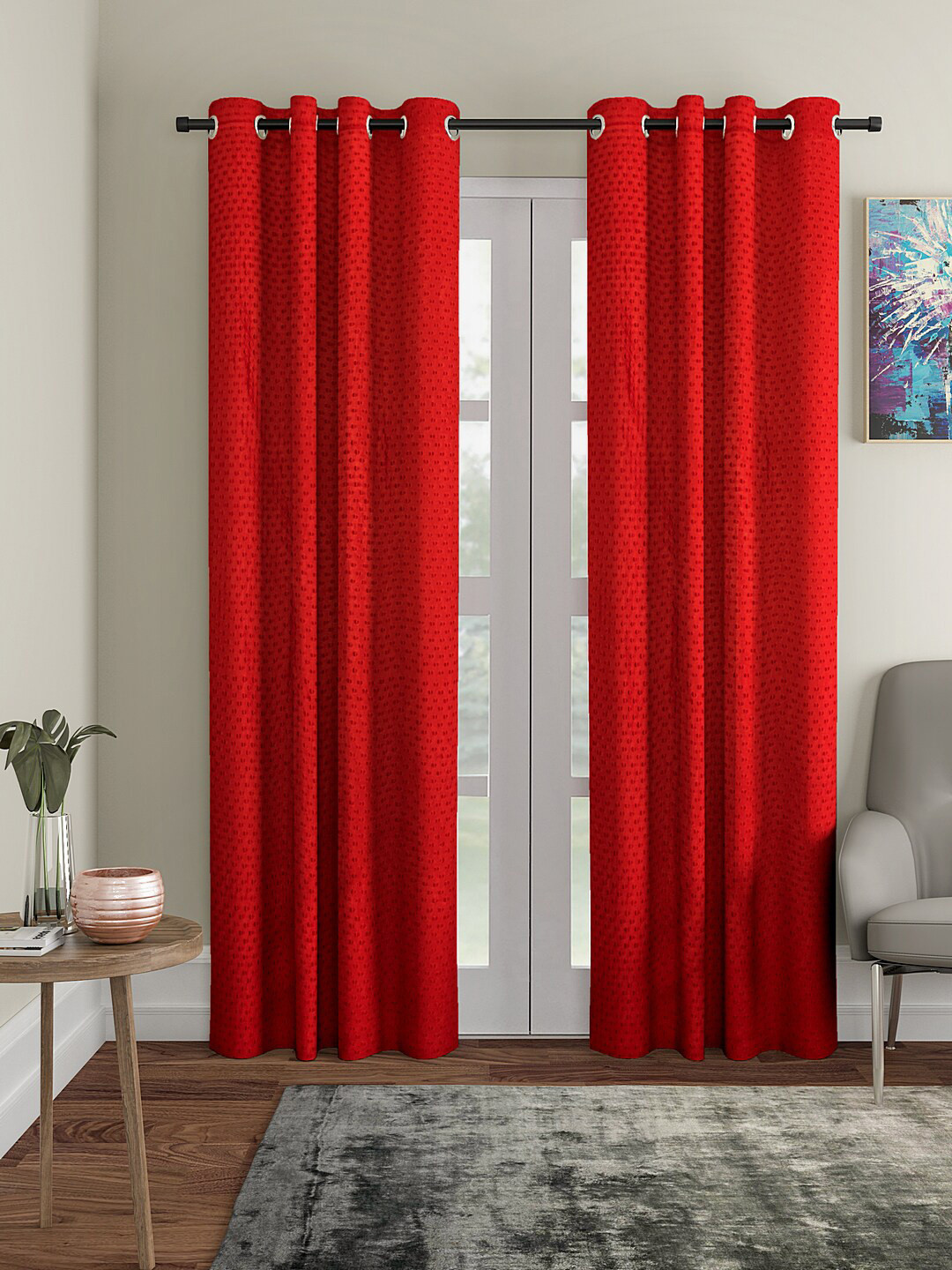 Cortina Red Set of 2 Polka Dots Embossed Plain Door Curtains