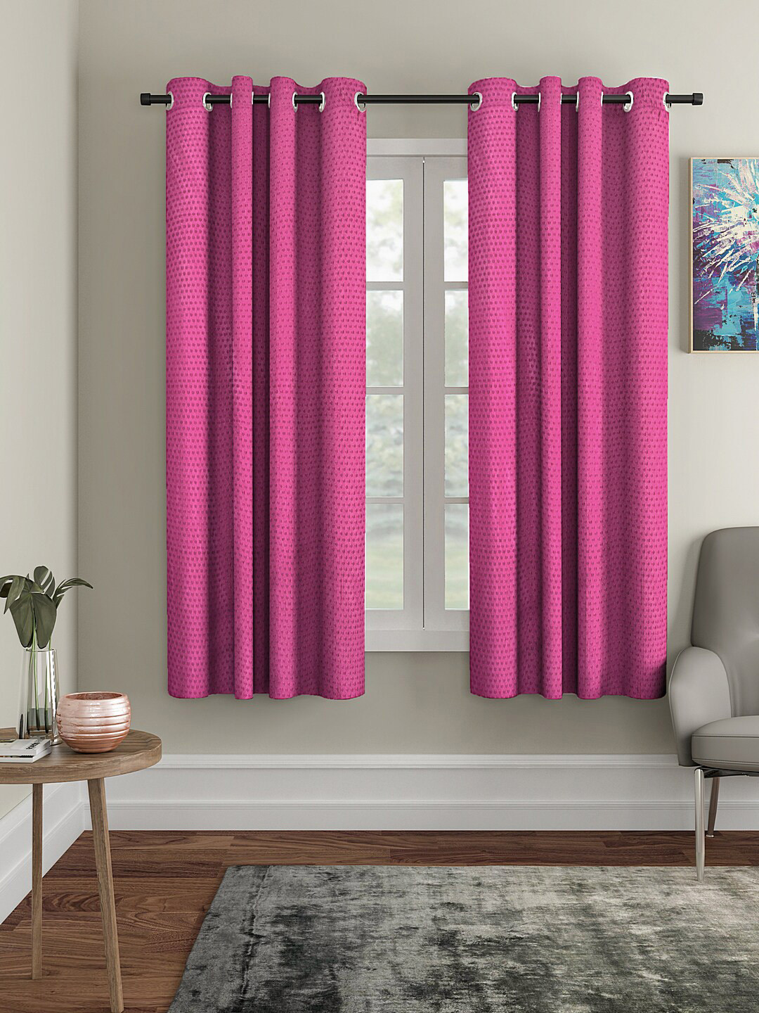 Cortina Pink Set of 2 Polka Dots Embossed Plain Polyester Window Curtains