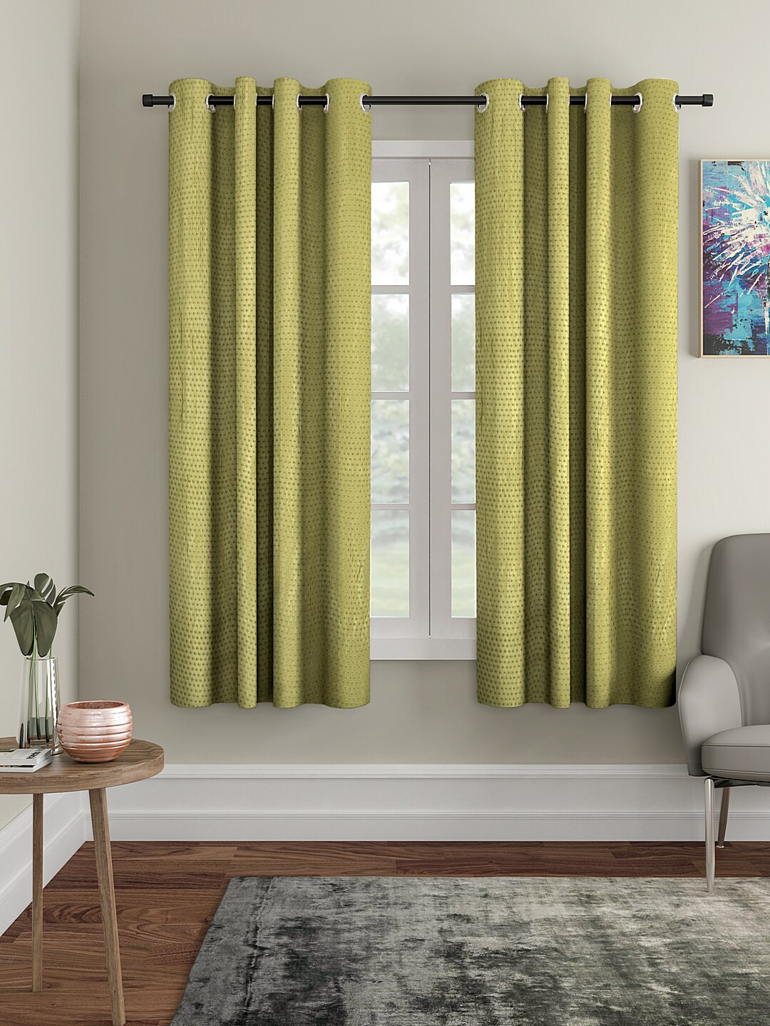Cortina Light Green Set of 2 Polka Dots Embossed Window Curtains