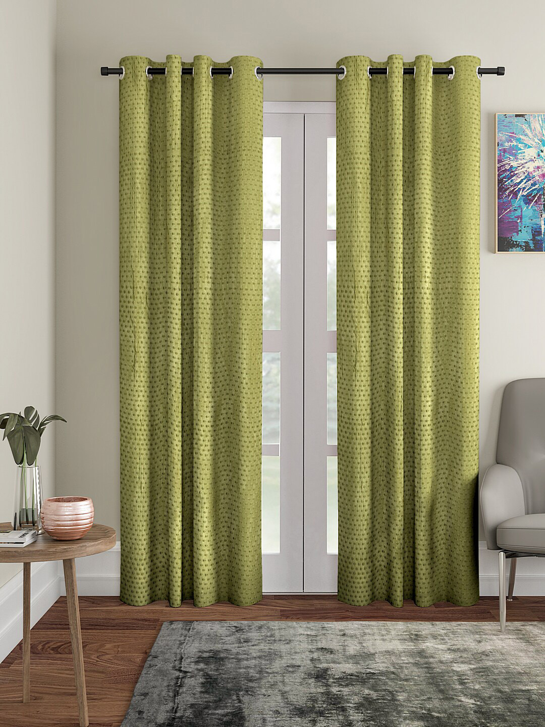 Cortina Olive Green Set of 2 Polka Dots Embossed Plain Polyester Door Curtains