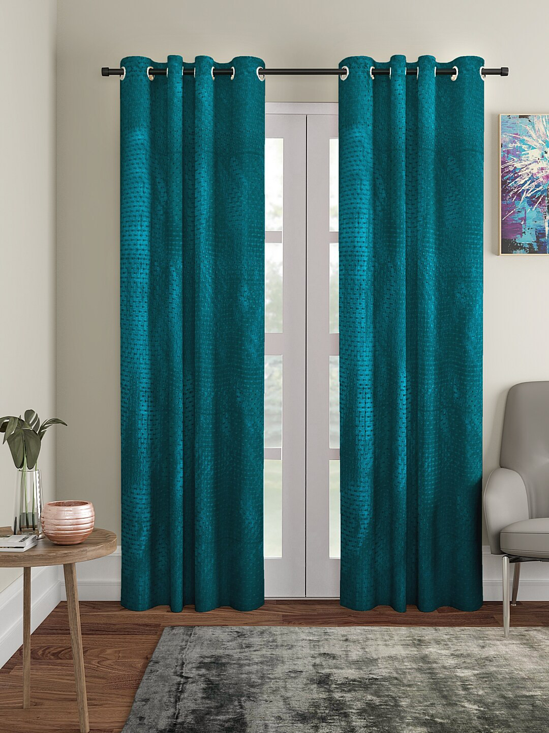 Cortina Teal Green Set of 2 Polka Dots Embossed Plain Polyester Long Door Curtains