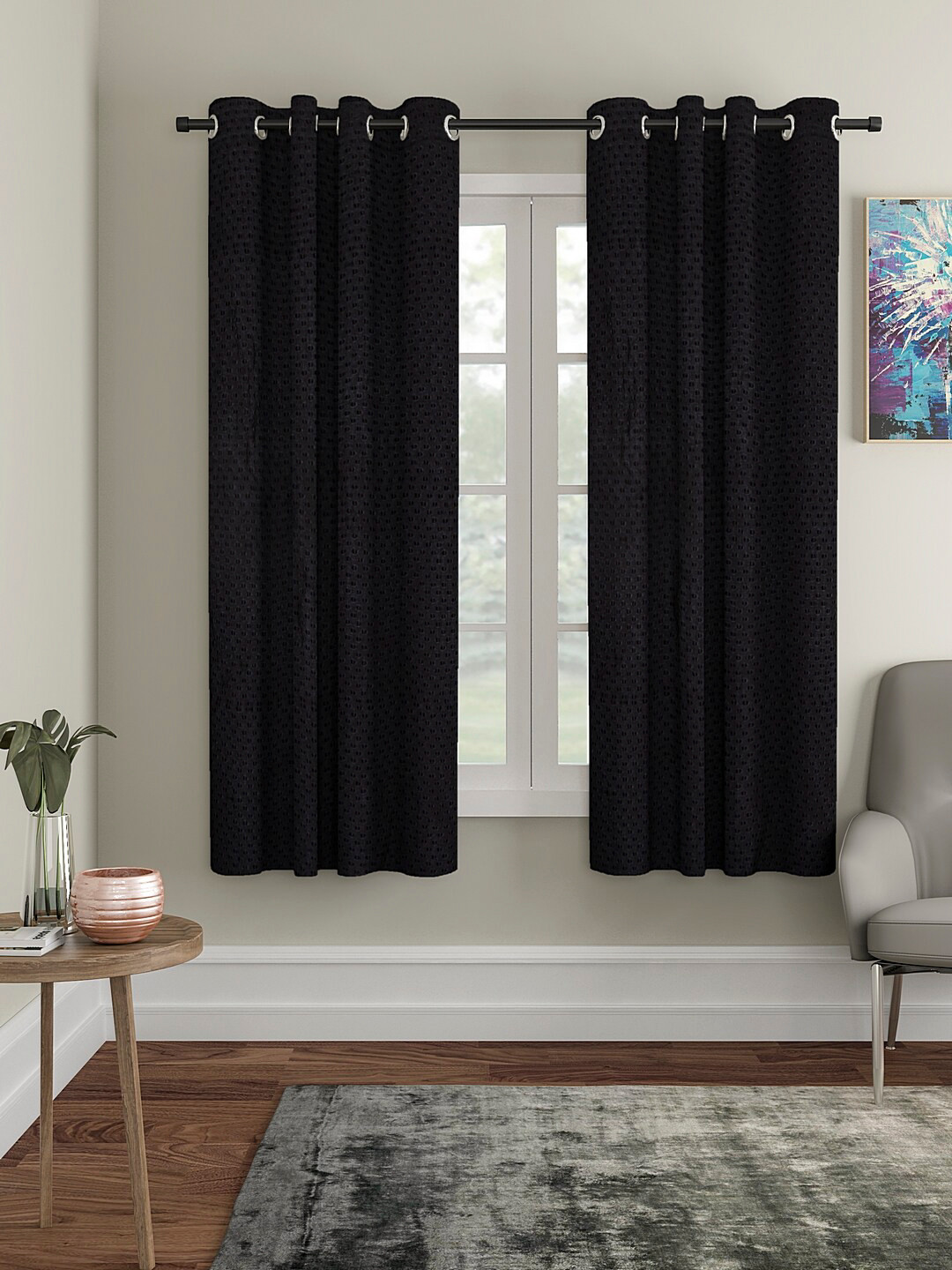Cortina Black Set of 2 Polka Dots Embossed Window Curtains